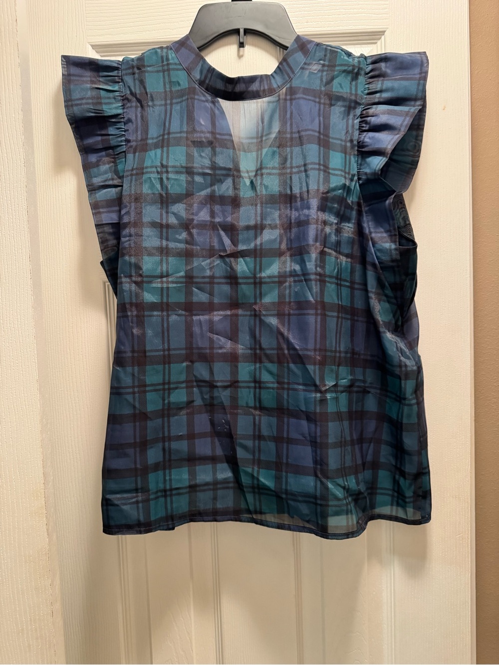 LOFT Blue and Green Plaid Ruffle Sleeve Blouse